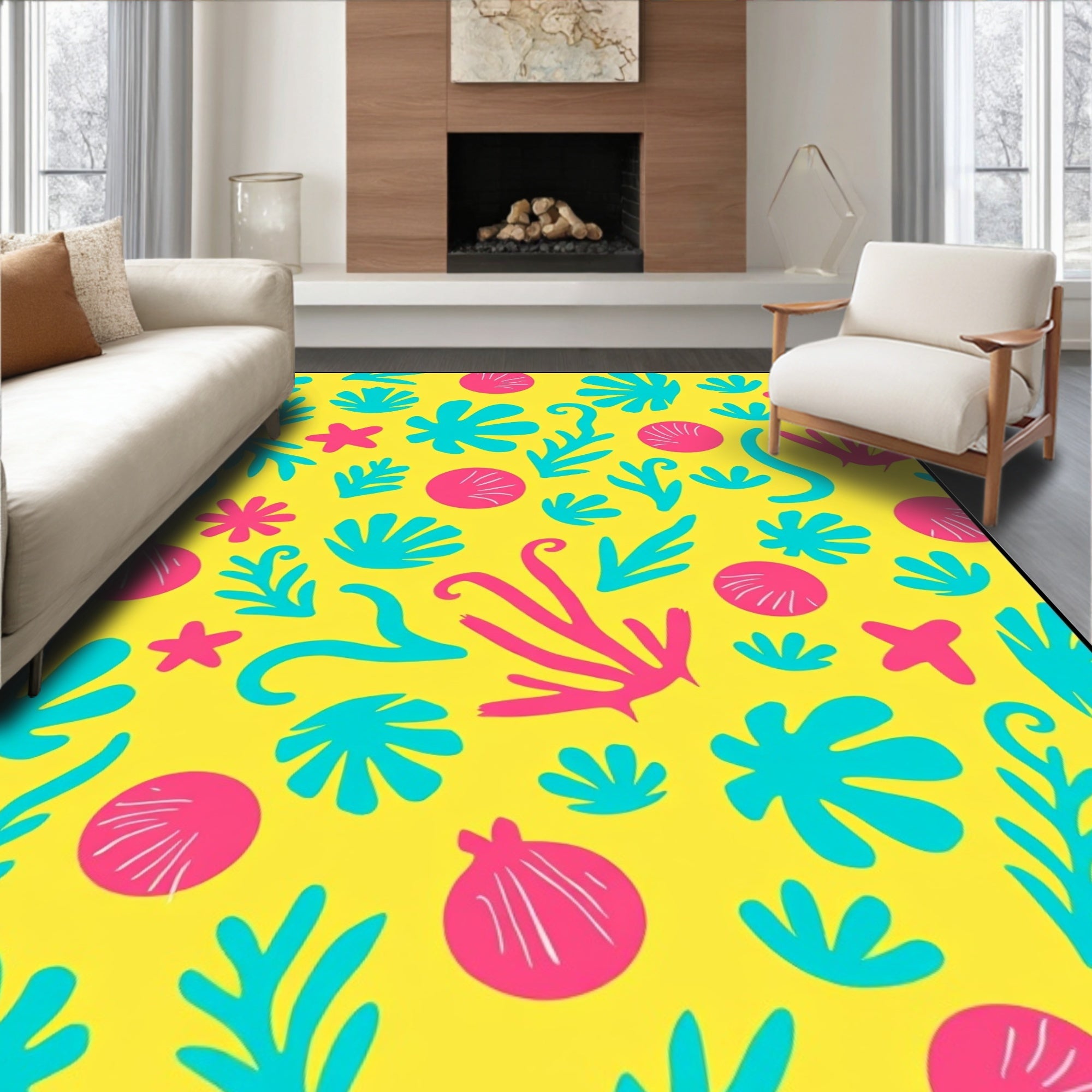 Bright Yellow Coral Sea Creature Assemblage Rug