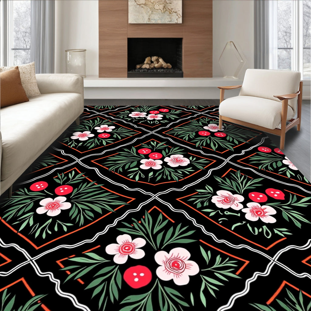 Black Floral Vine Diamond Rug