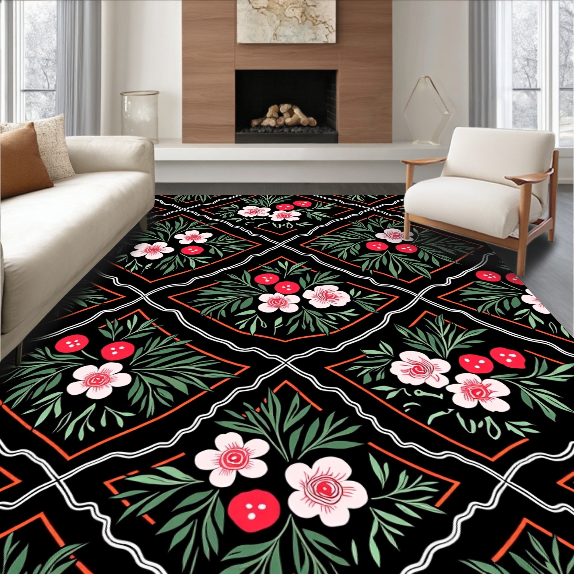 Black Floral Vine Diamond Rug