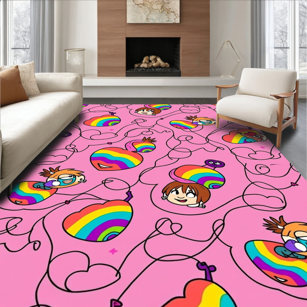 Pink Cartoon Rainbow Heart Characters Rug
