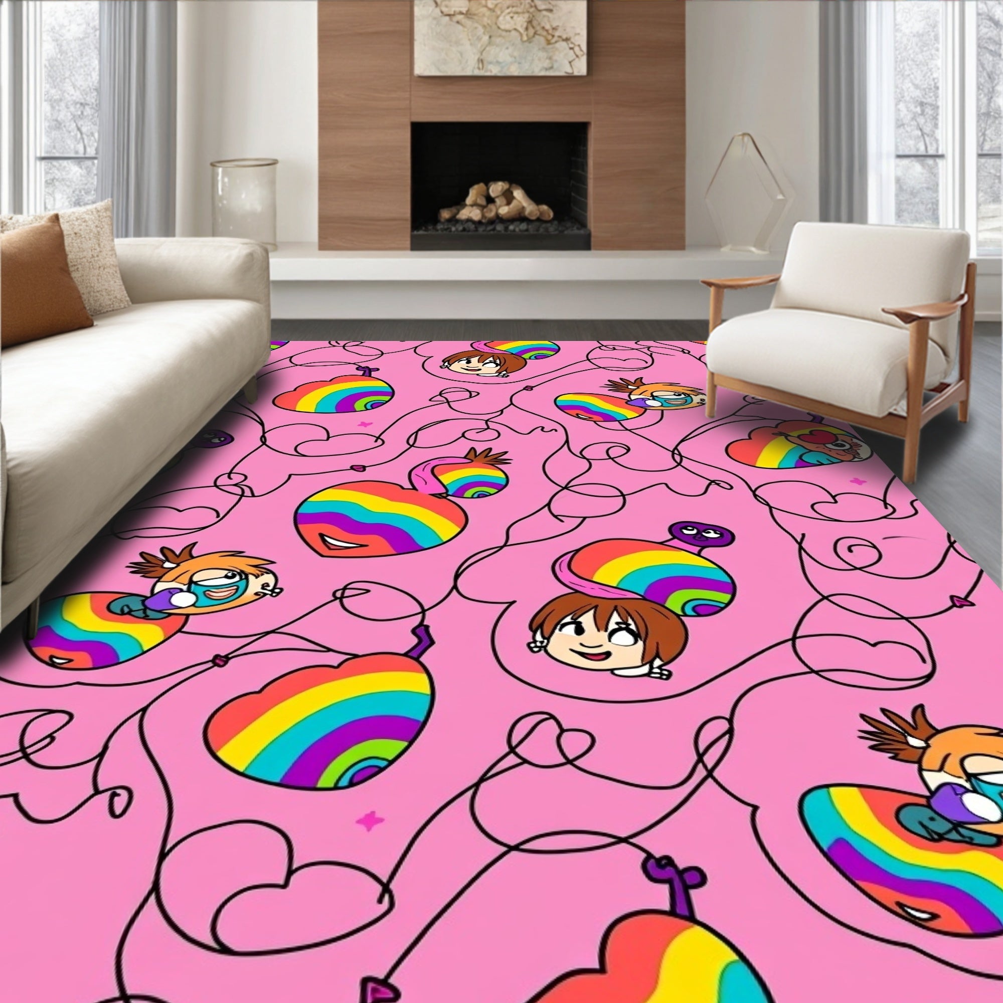 Pink Cartoon Rainbow Heart Characters Rug