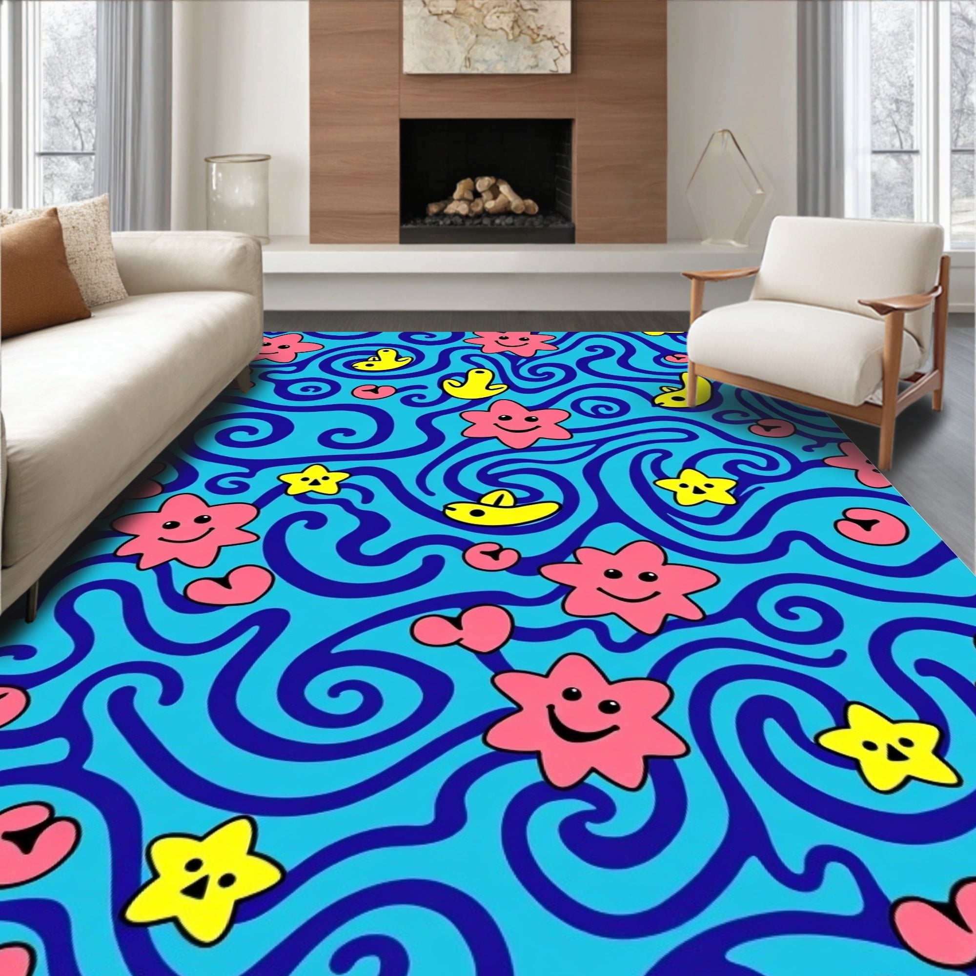 Whimsical Pink Star Swirls Water Rug