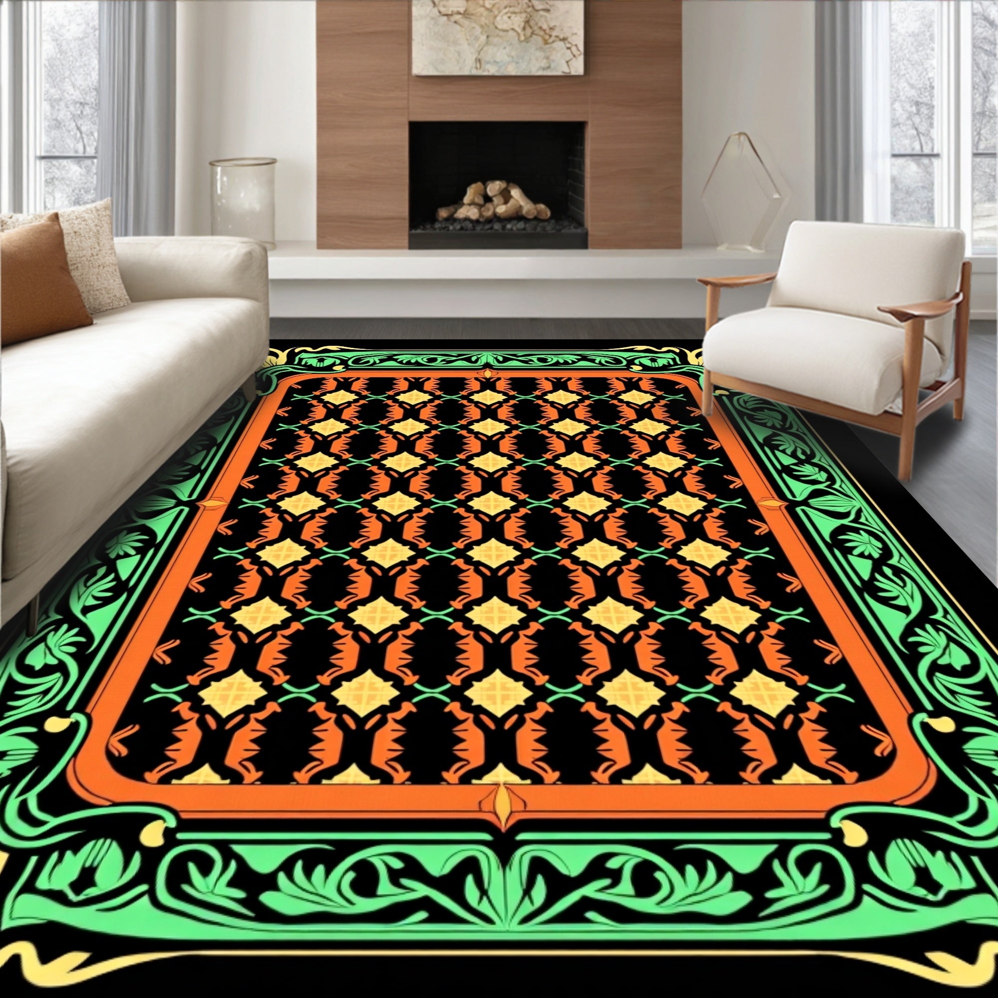 Vibrant Green Orange Floral Lattice Rug