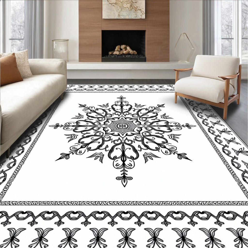 Black White Scrollwork Mandalla Frame Rug