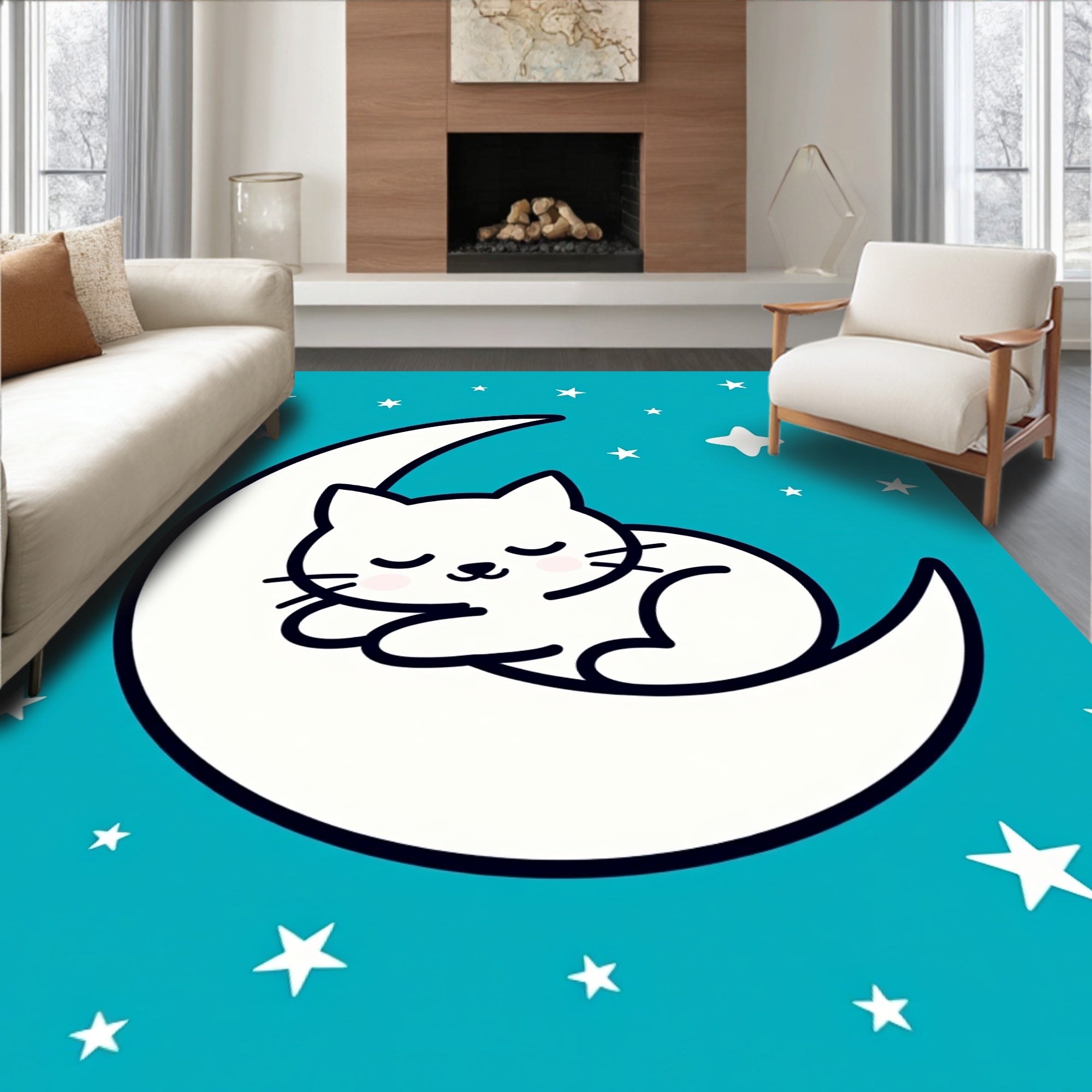 Sleeping White Cat Moon Stars Rug