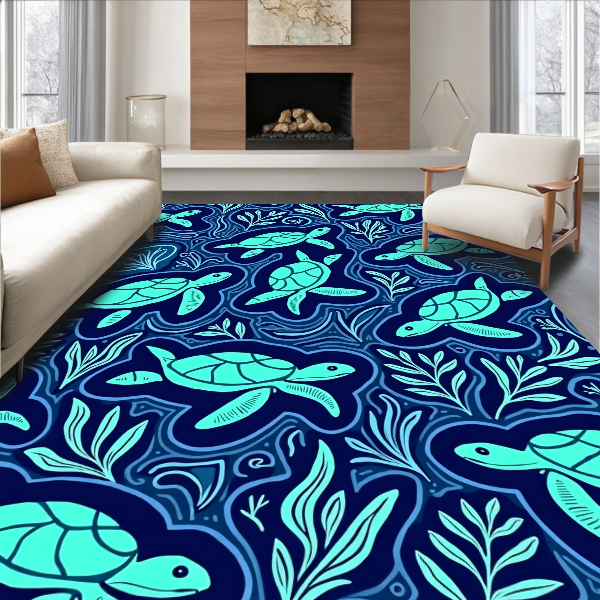 Aqua Turtles Ocean Waves Navy Rug