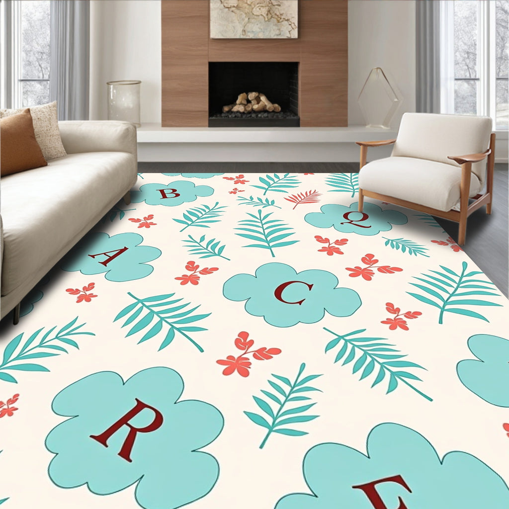 Teal Clouds Alphabet Botanical Floral Rug