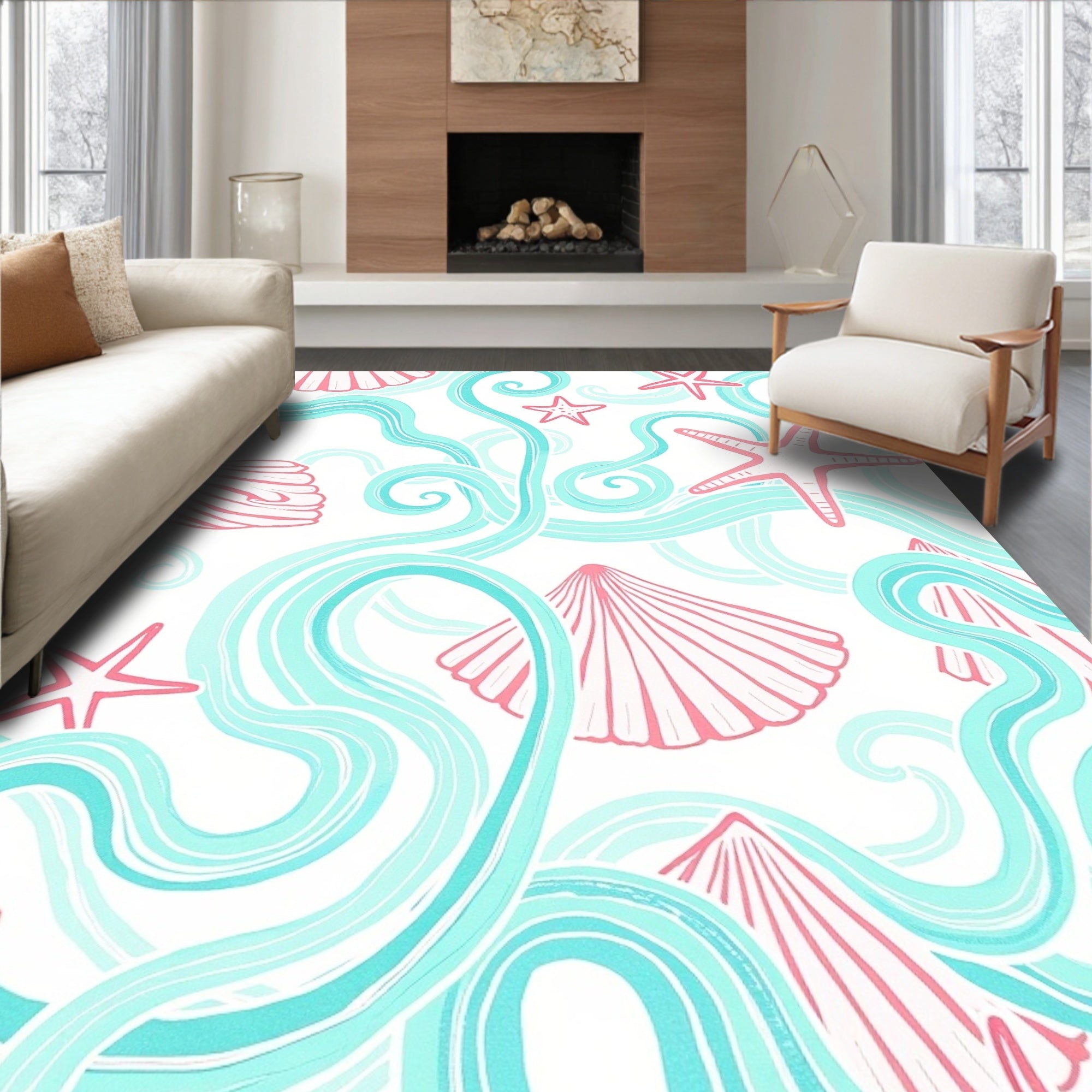 Coral Seashells and Aqua Waves Rug