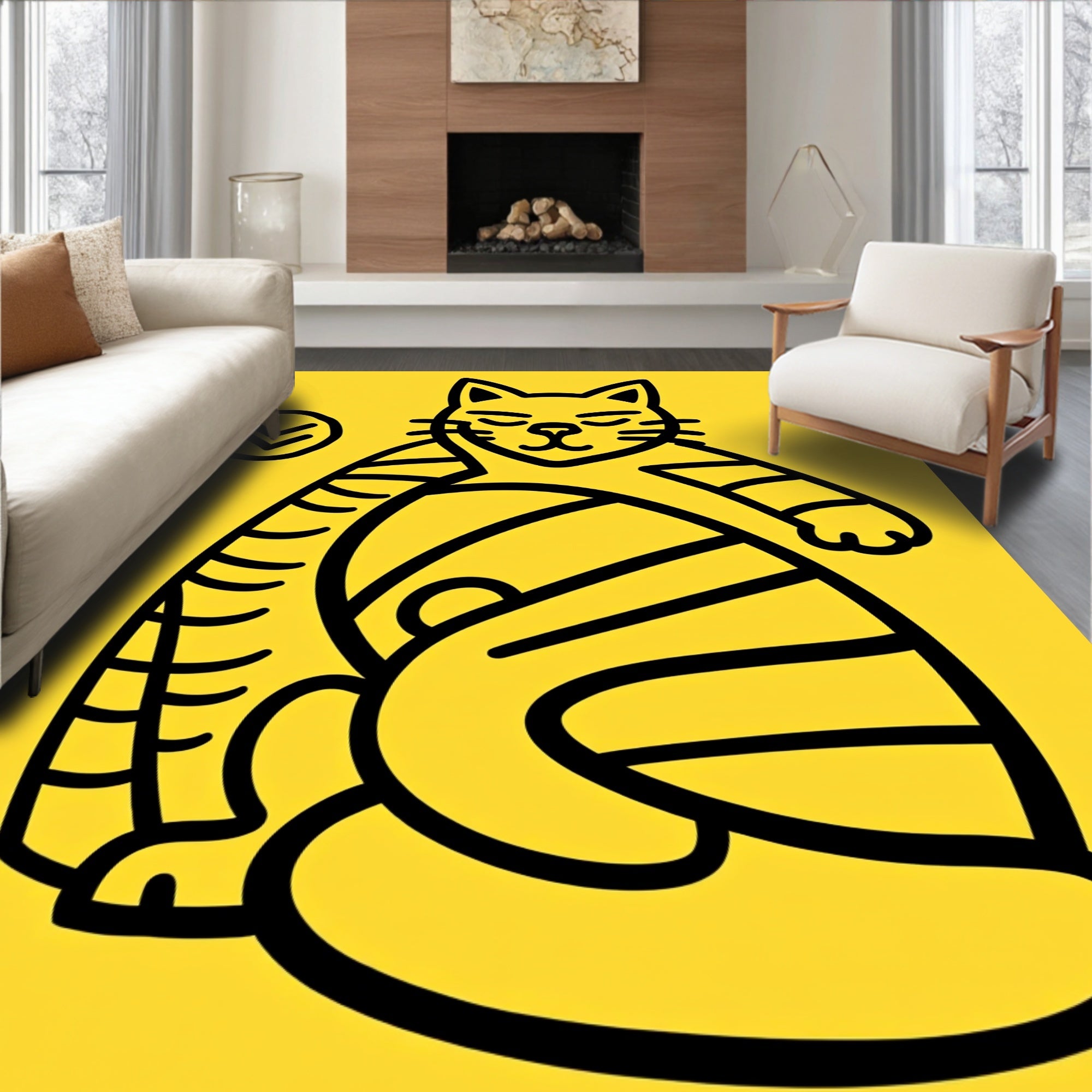 Curious Yellow Tabby Cat Outline Rug
