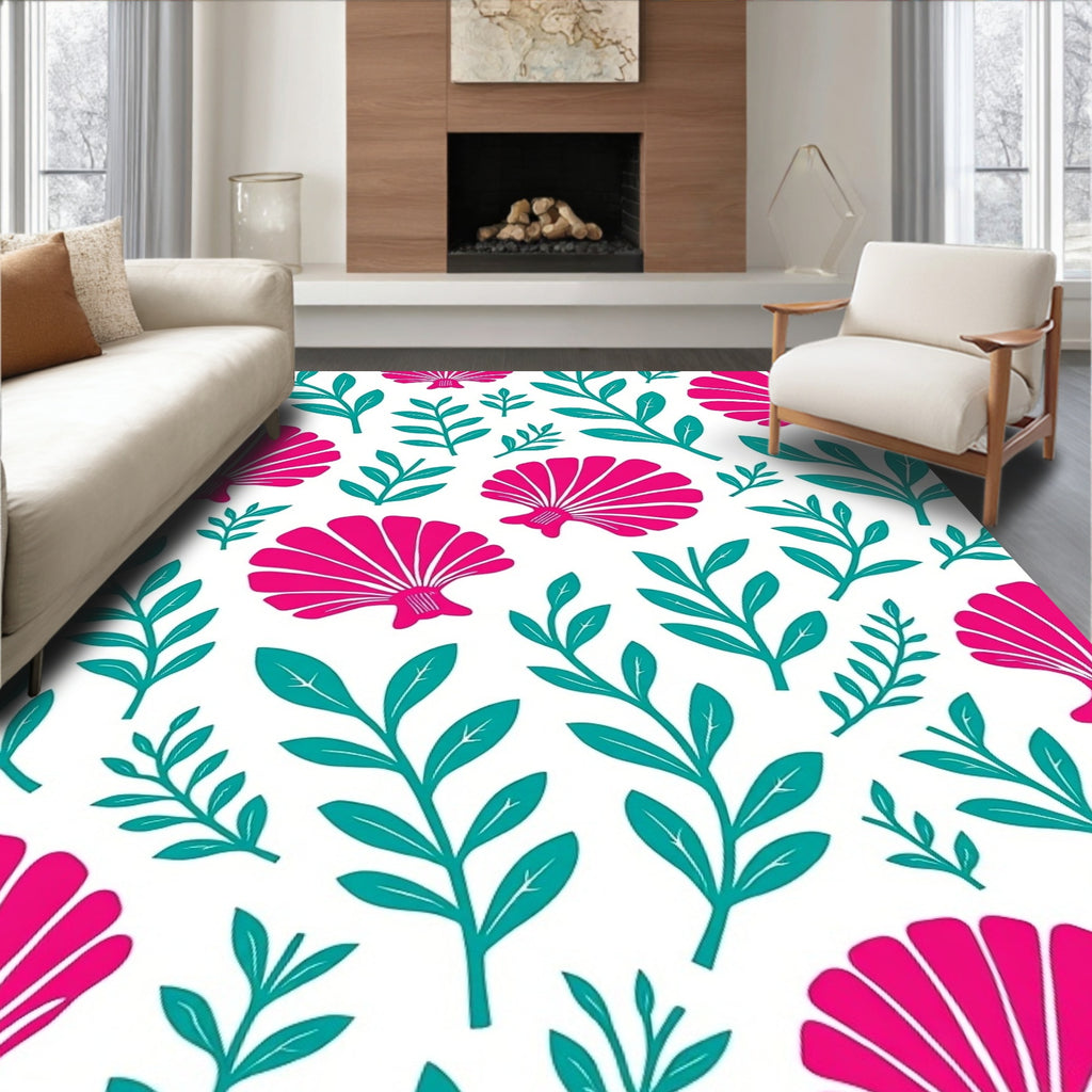 Fuchsia Shells Teal Foliage Pattern Rug
