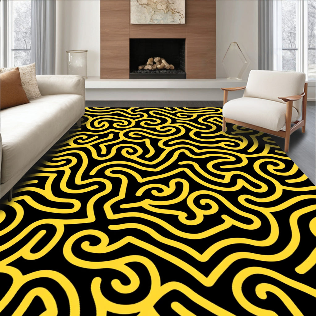 Bold Yellow Maze Curves Rug