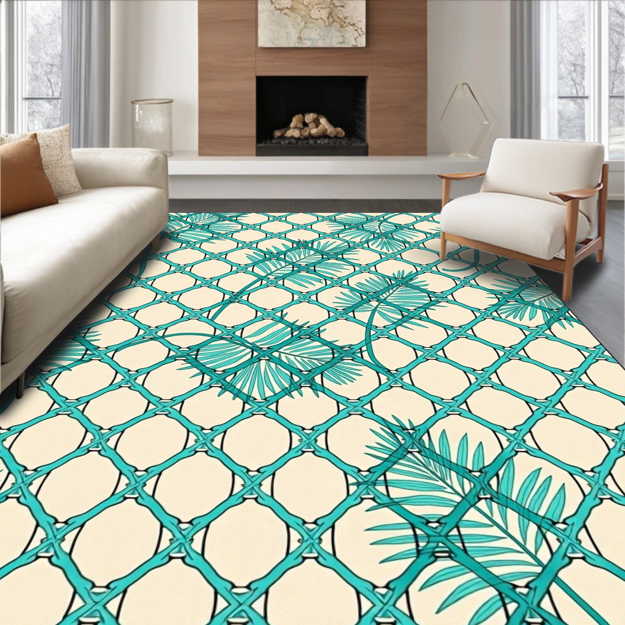 Turquoise Lattice Tropical Leaf Art Rug