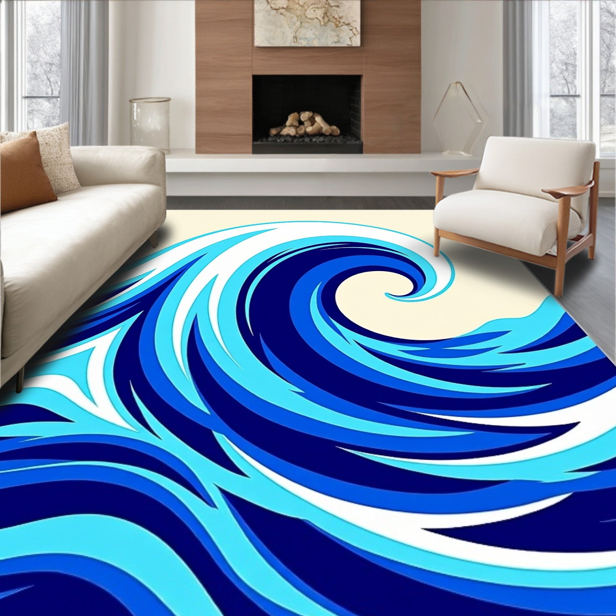 Modern Blue Swirling Wave Rug