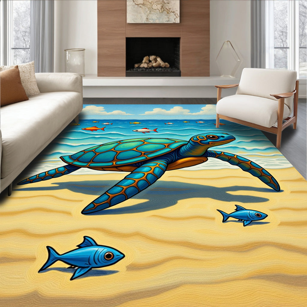 Coastal Turtle With Blue Fish Ocean Scene Rug