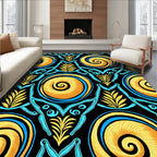 Golden Blue Swirl Floral Lattice Rug