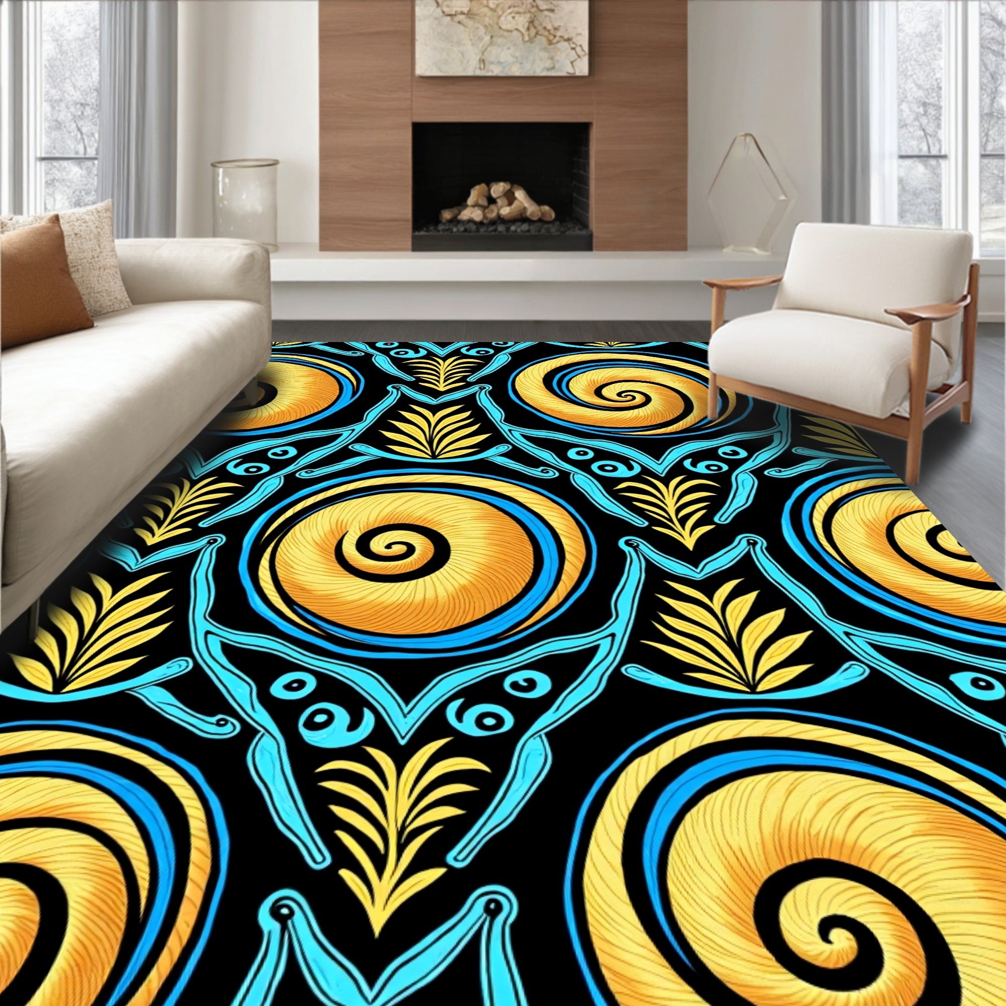 Golden Blue Swirl Floral Lattice Rug