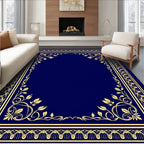 Regal Gold Bordered Navy Floral Frame Rug