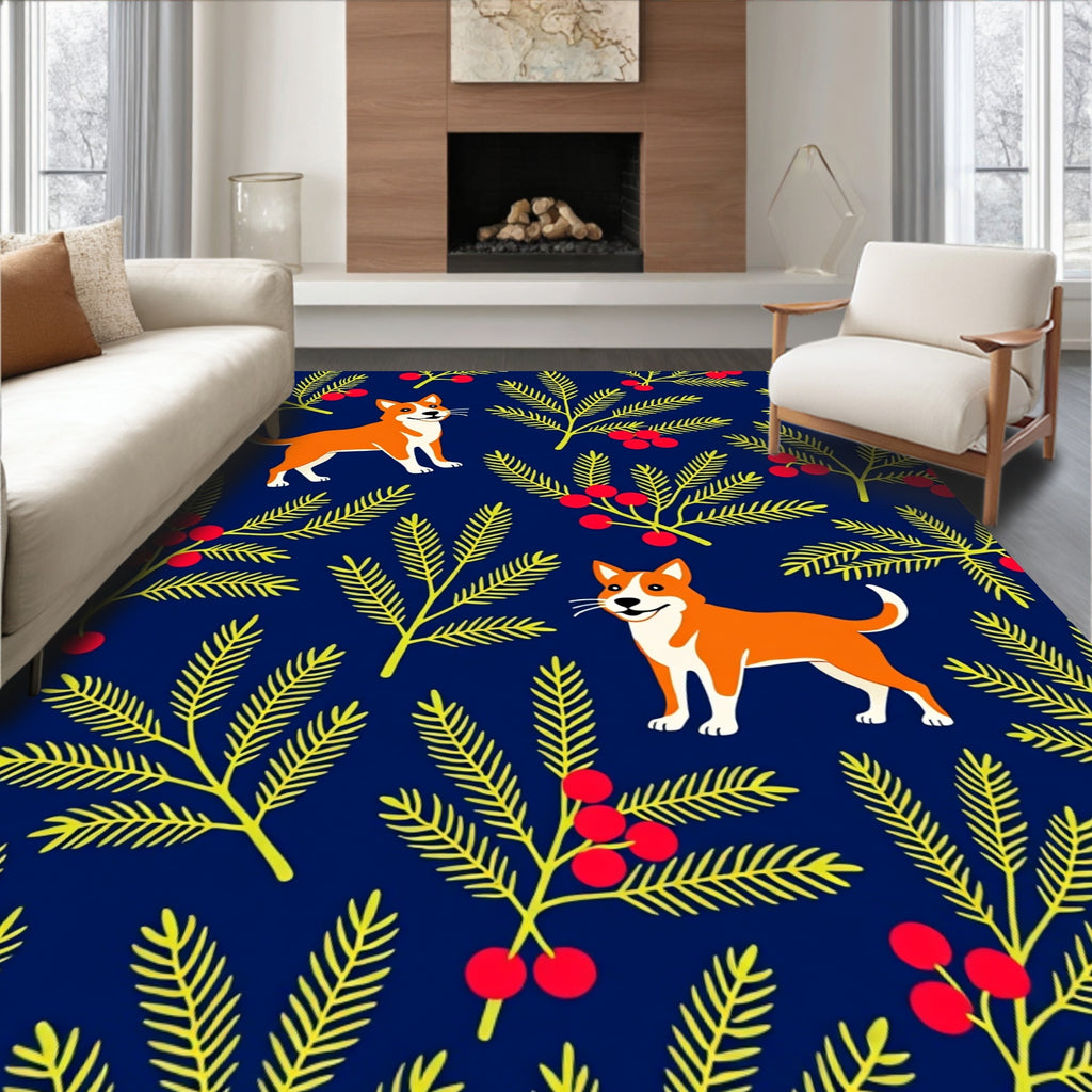 Whimsical Orange Dog Berry Sprig Rug