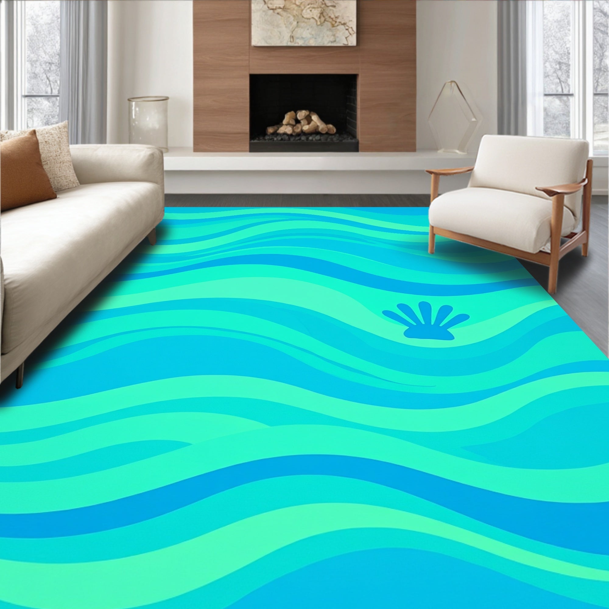 Aqua Teal Wavy Shell Scene Rug