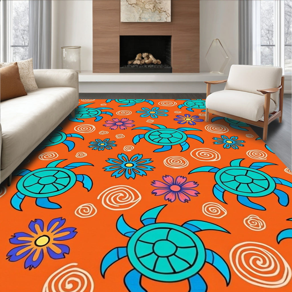 Bright Orange Turtle Flower Medley Rug