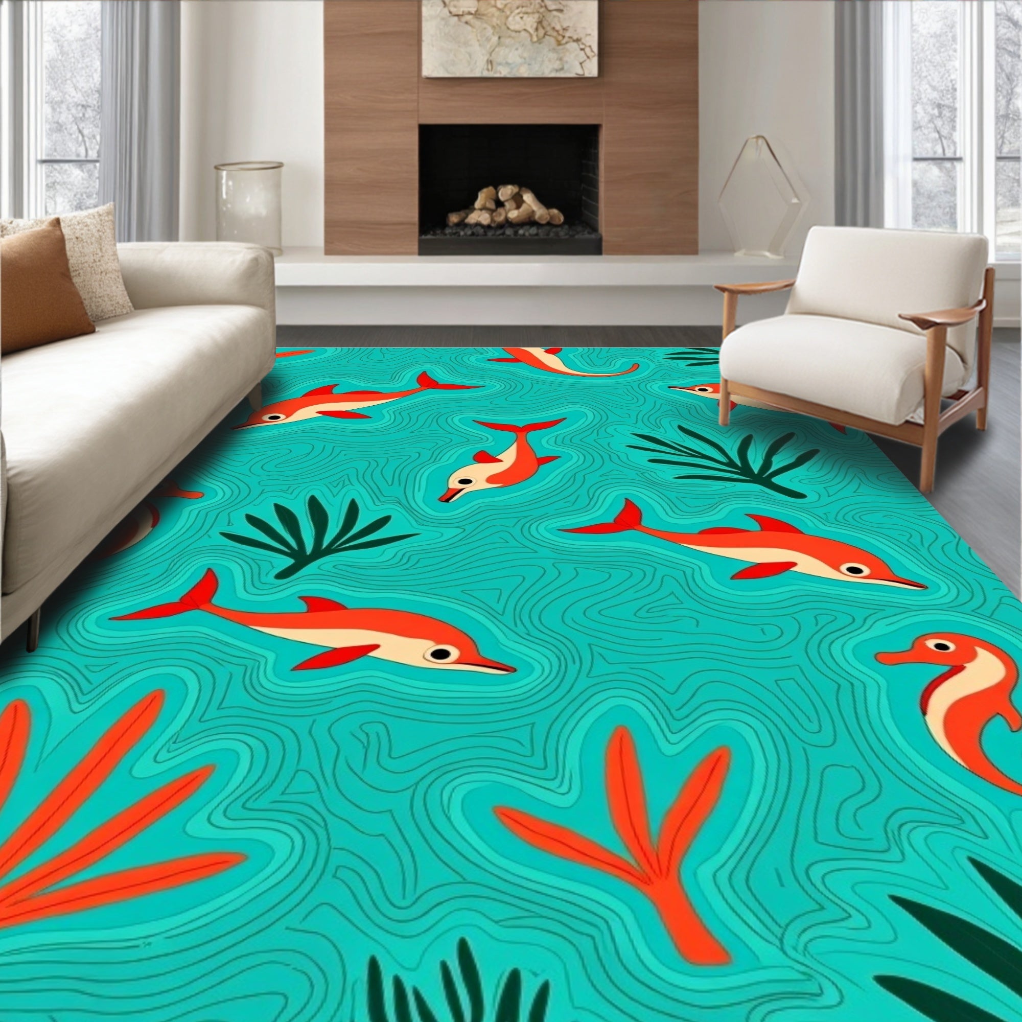 Coral Dolphins Sea Life Aquatic Scene Rug