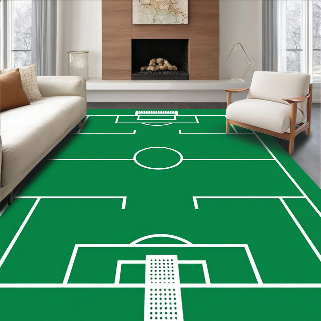 Soccer Field Green White Geometric Grid Rug