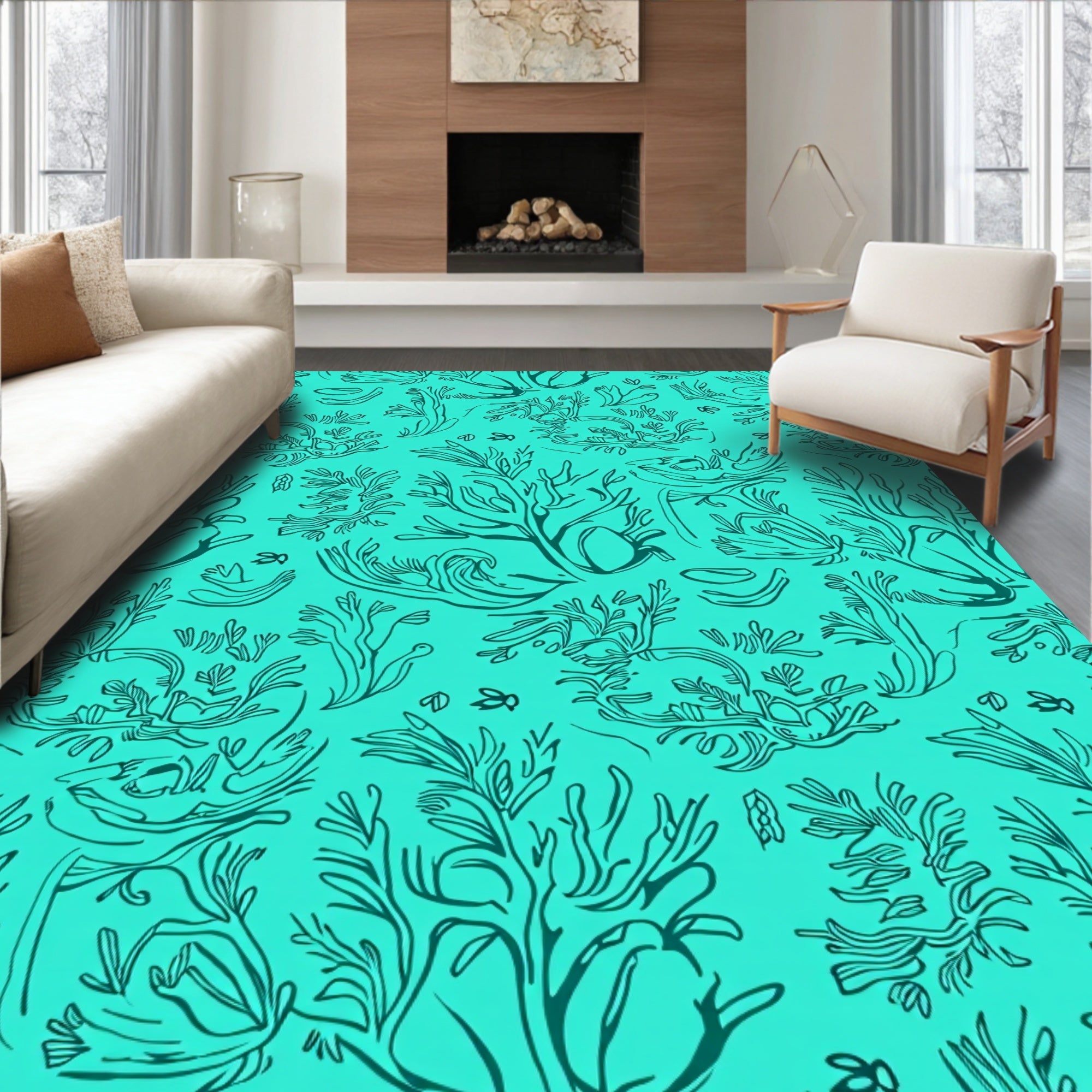 Teal Coral Branch Marine Sketch Rug