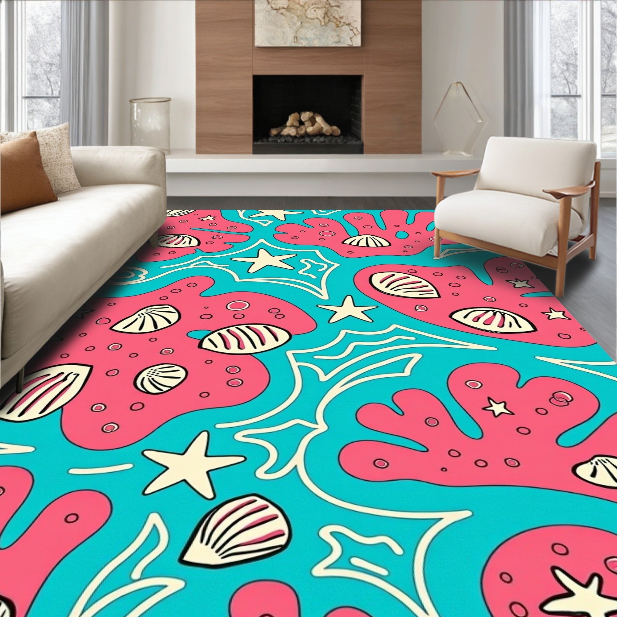 Coral Pink Teal Seashell Starfish Rug