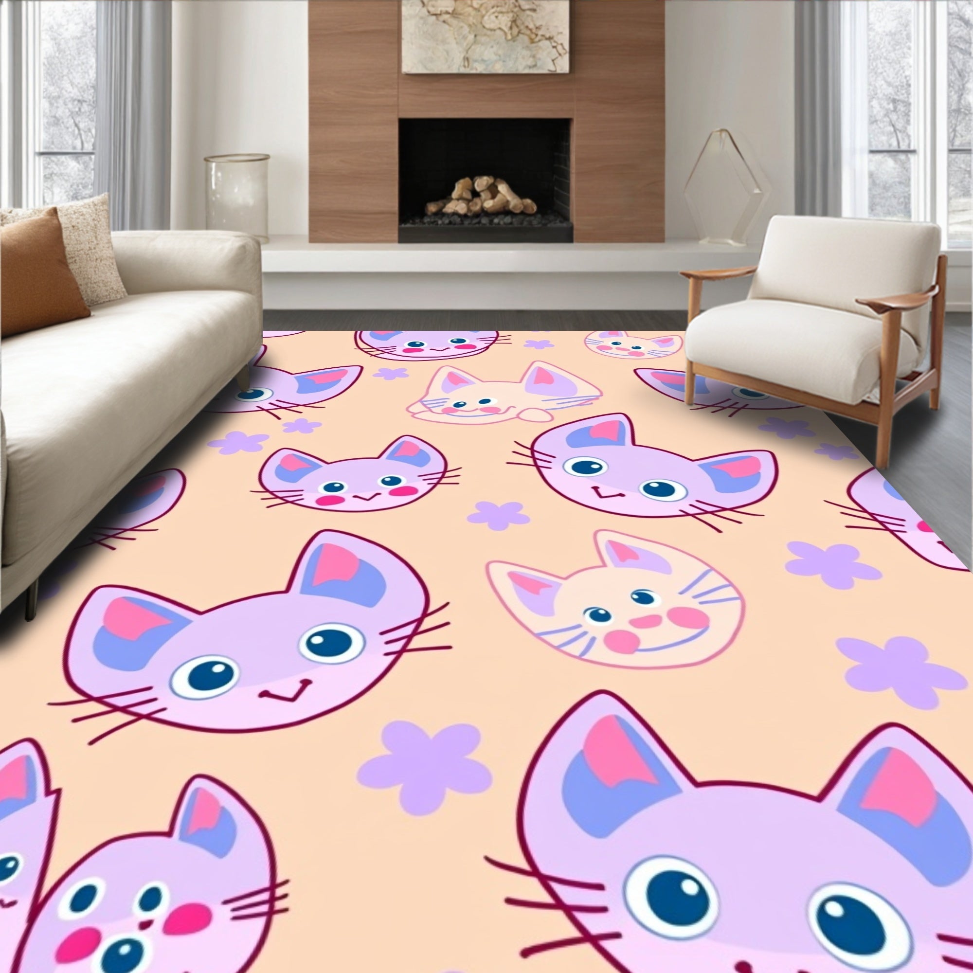 Whimsical Lavender Kitten Flower Repeating Rug
