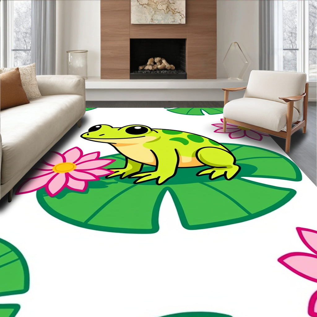 Cute Green Frog Pink Lotus Garden Rug