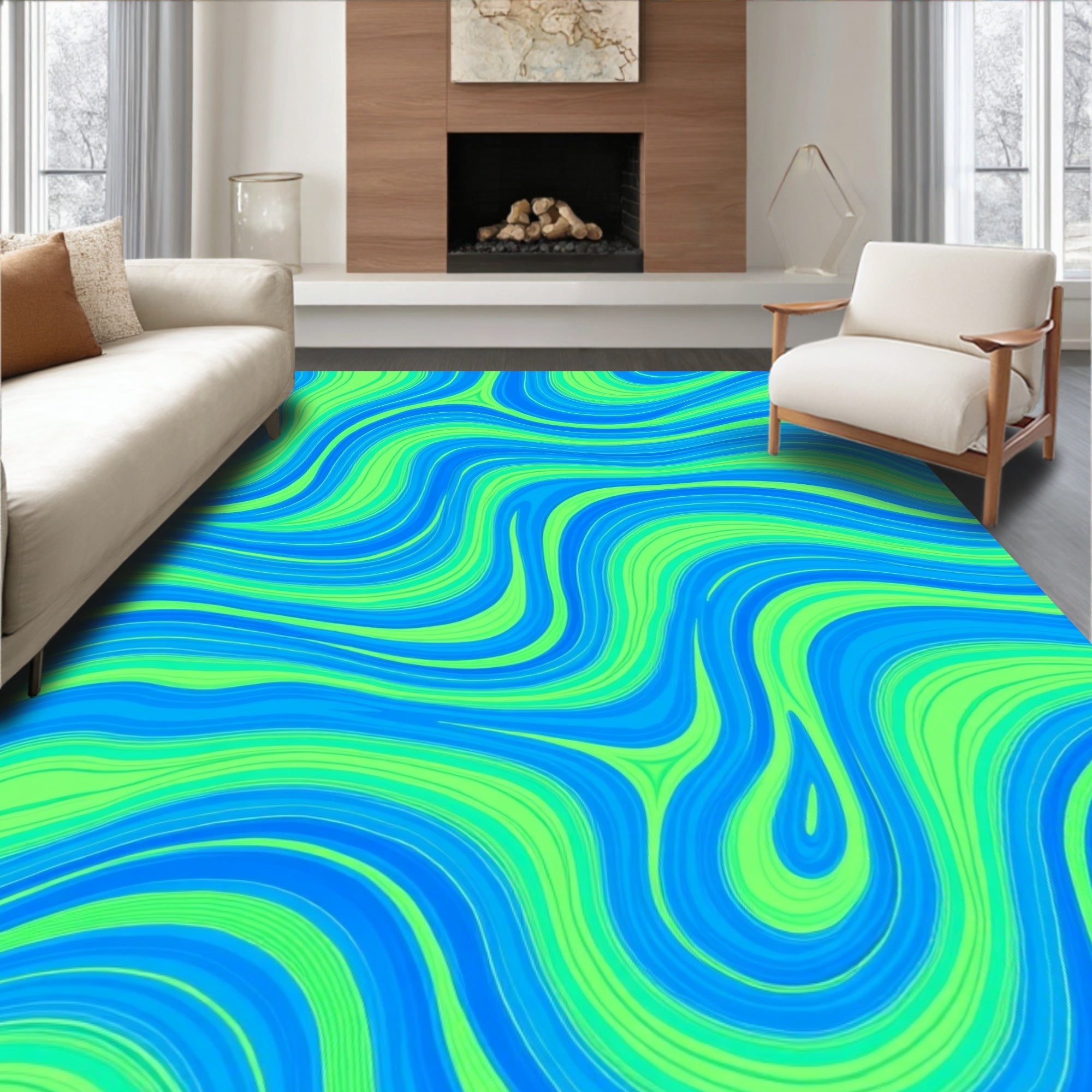 Bright Blue Green Swirling Waves Rug