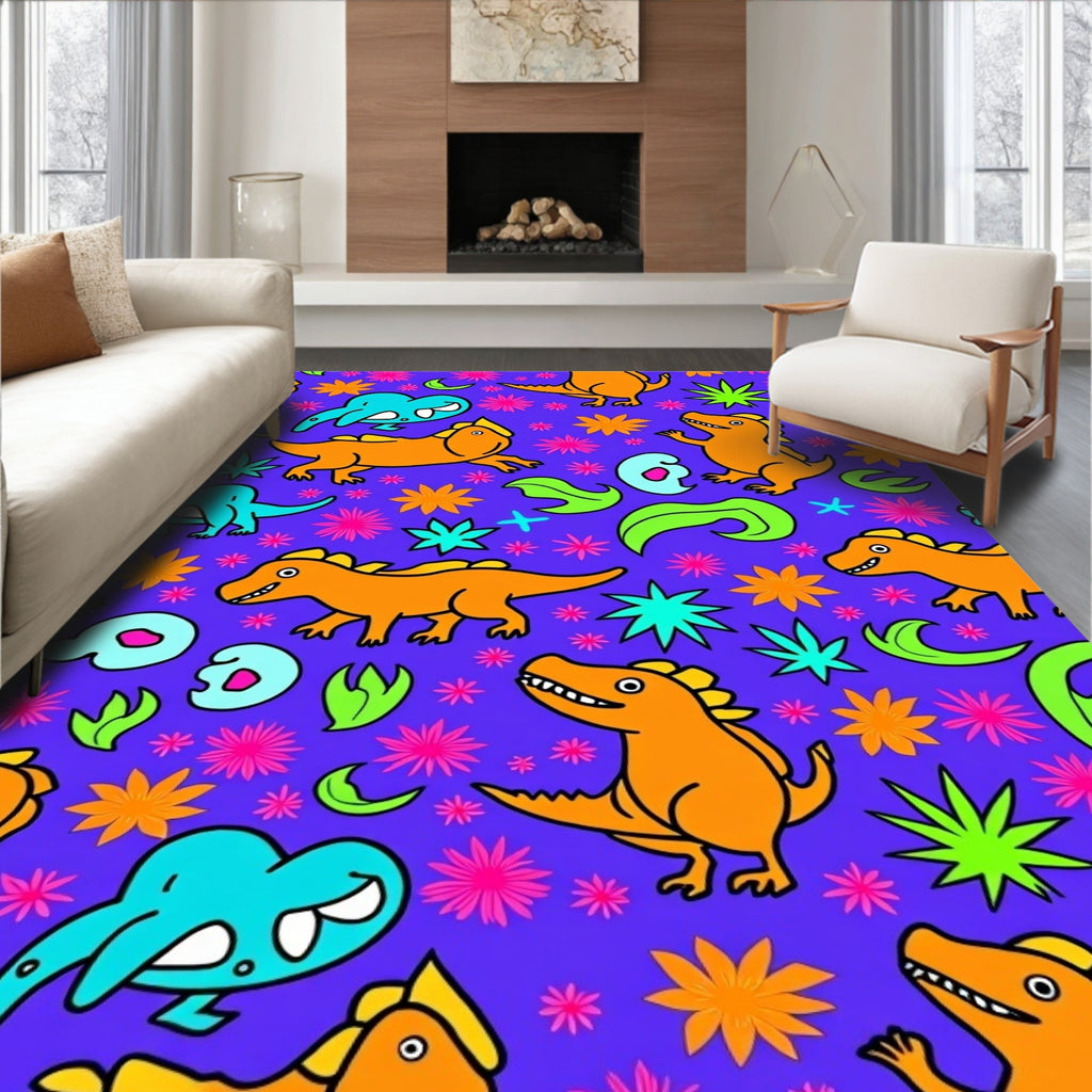 Orange Dinosaur Purple Floral Meadow Rug