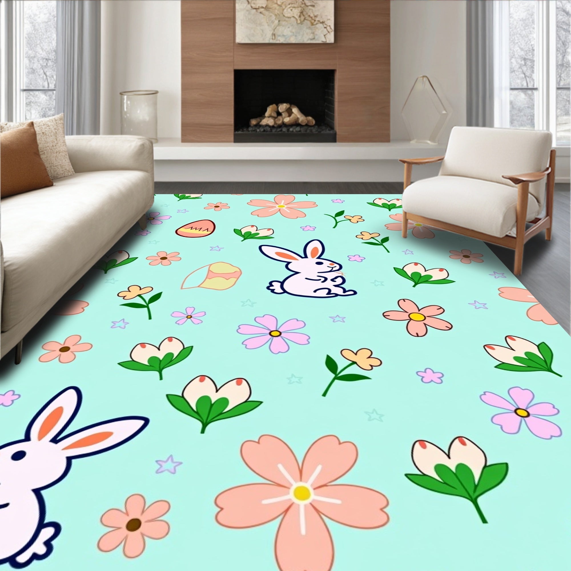 Whimsical Pink Easter Bunny Floral Rug
