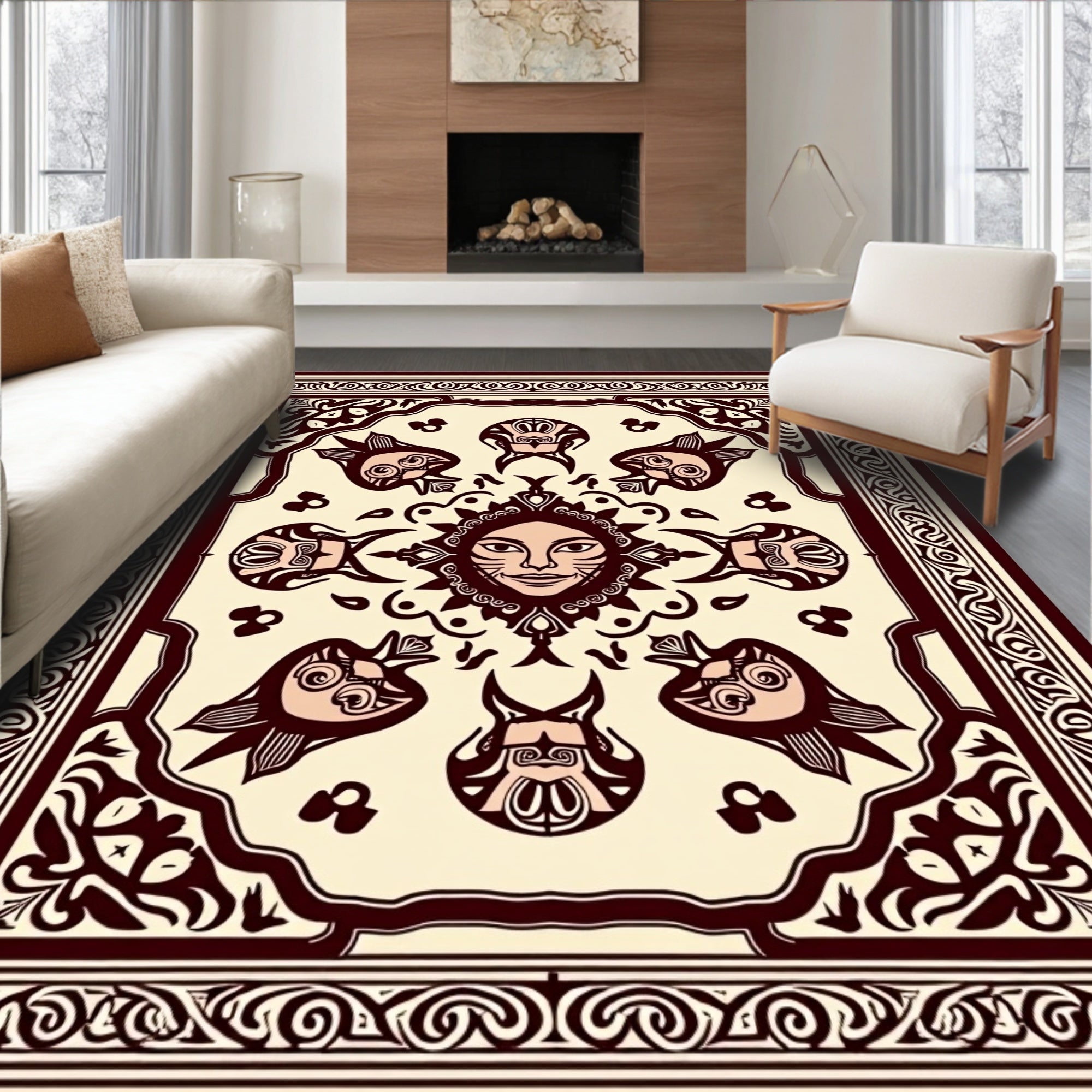 Crimson Sun Face Fish Border Rug