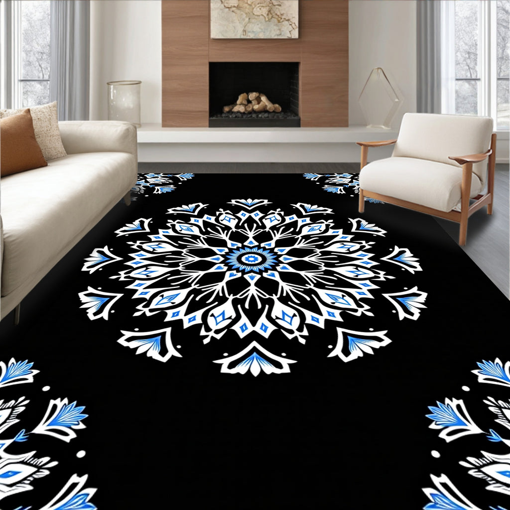 Black White Blue Floral Mandala Rug