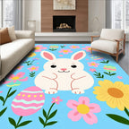 Bunny Flowers Easter Eggs Blue Background Rug