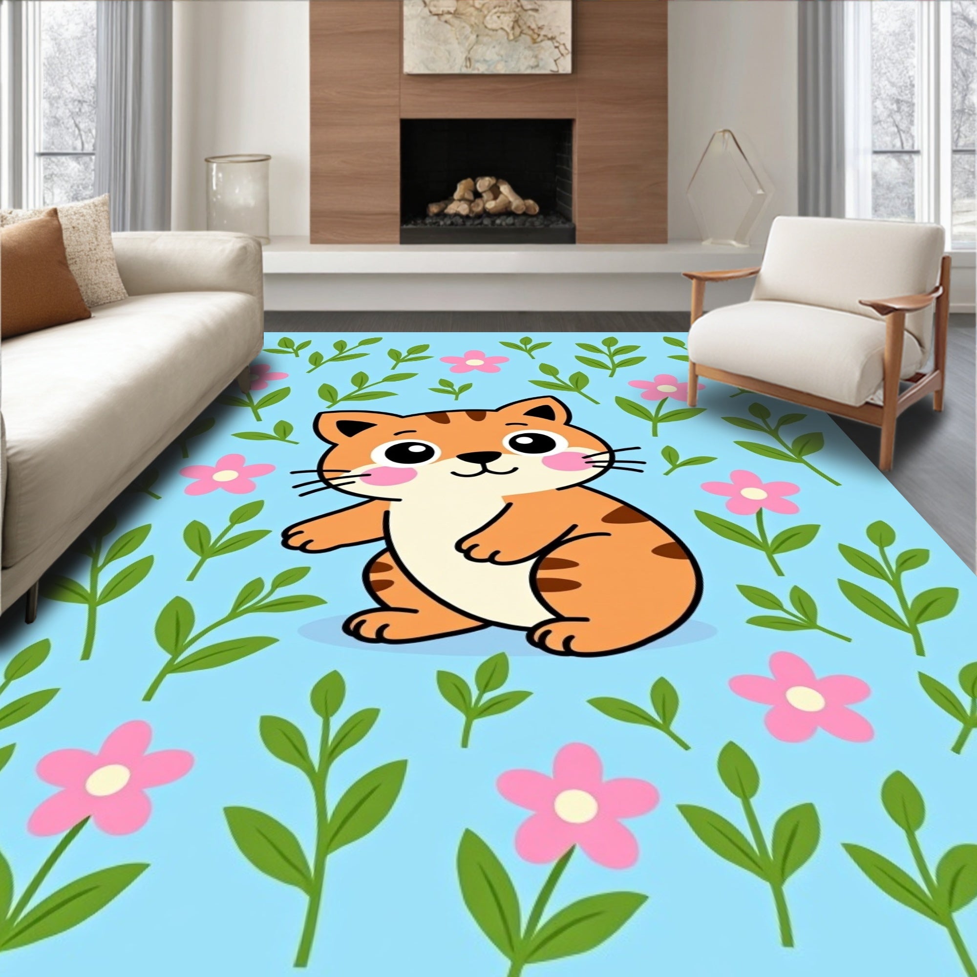Cute Orange Cat Pink Flower Garden Rug