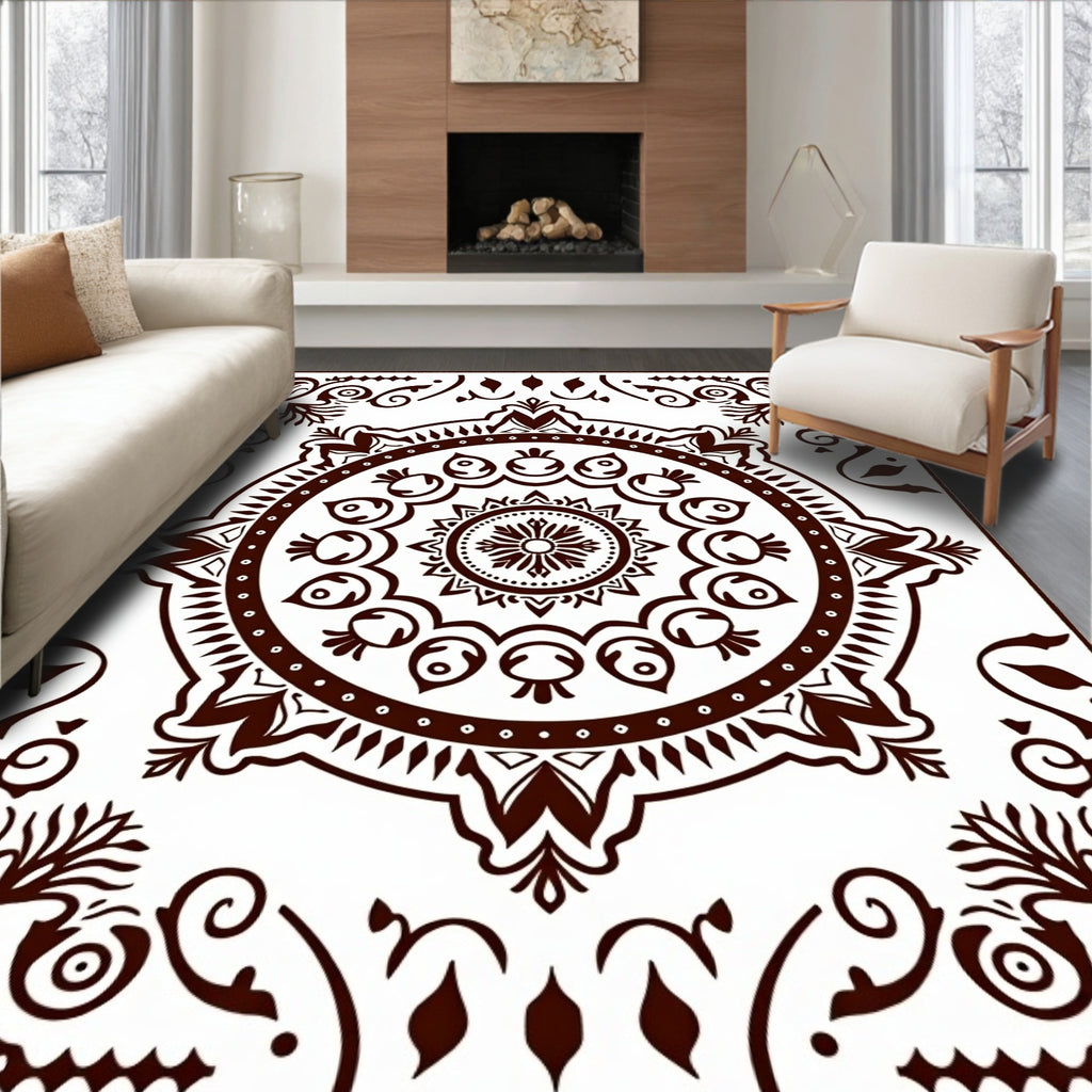 Brown Circular Symmetrical Floral Medallion Rug