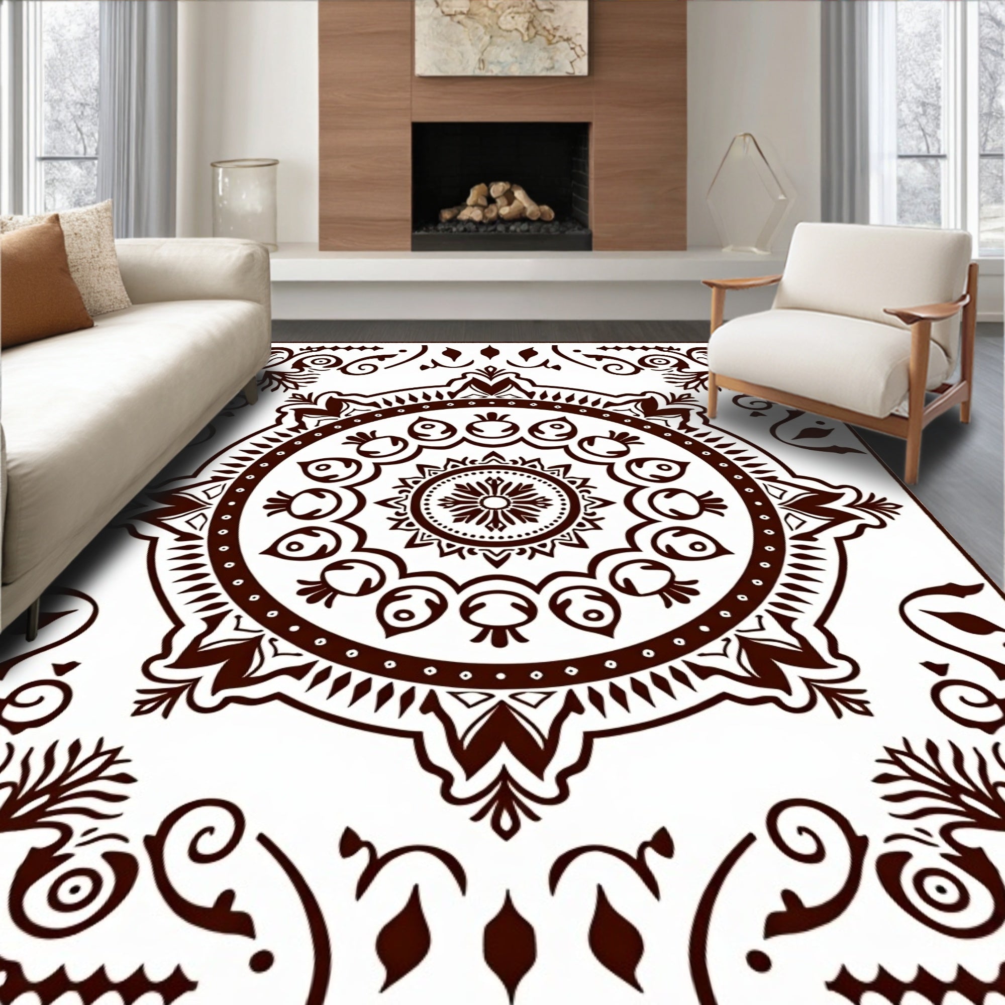 Brown Circular Symmetrical Floral Medallion Rug