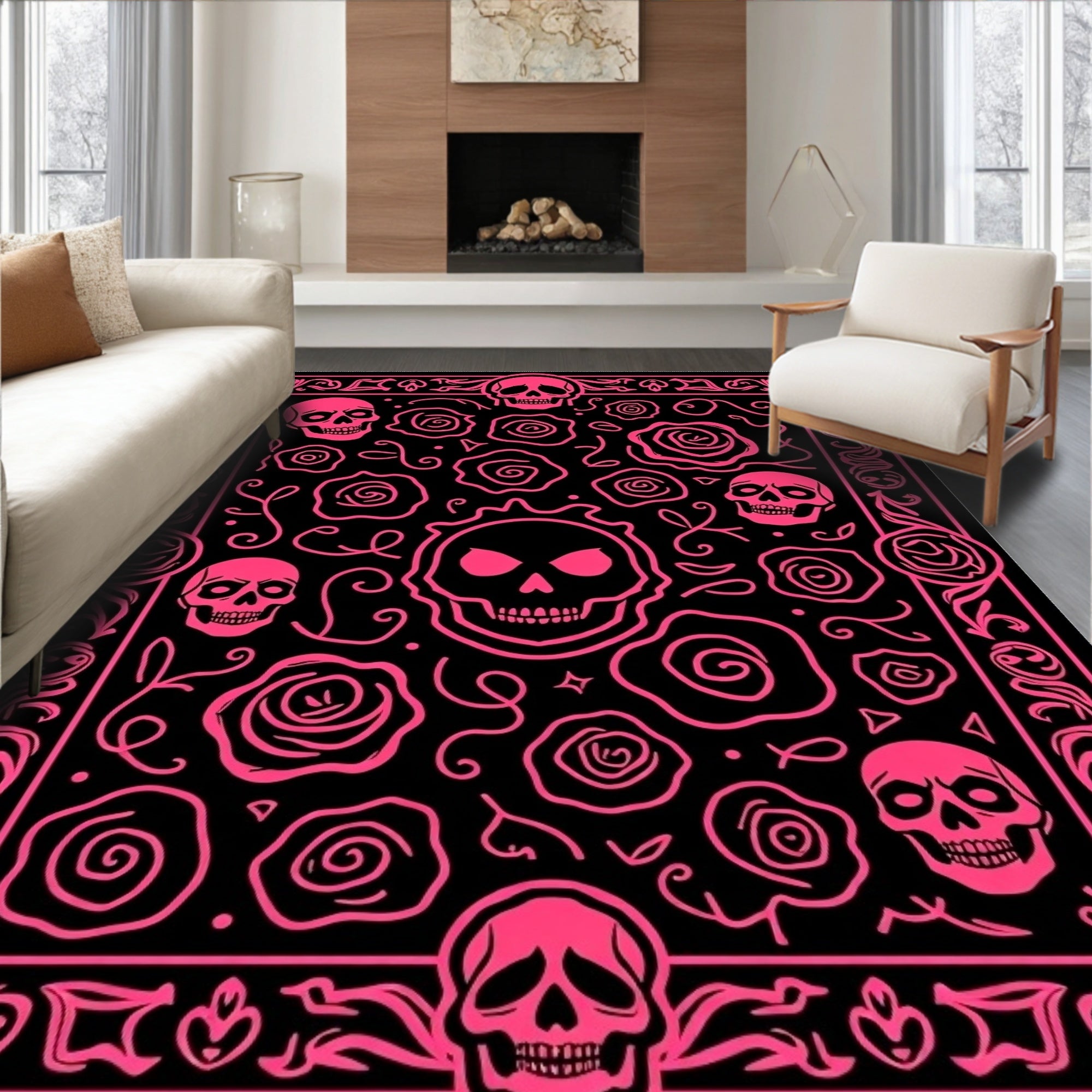 Hot Pink Skulls Roses Frame Rug