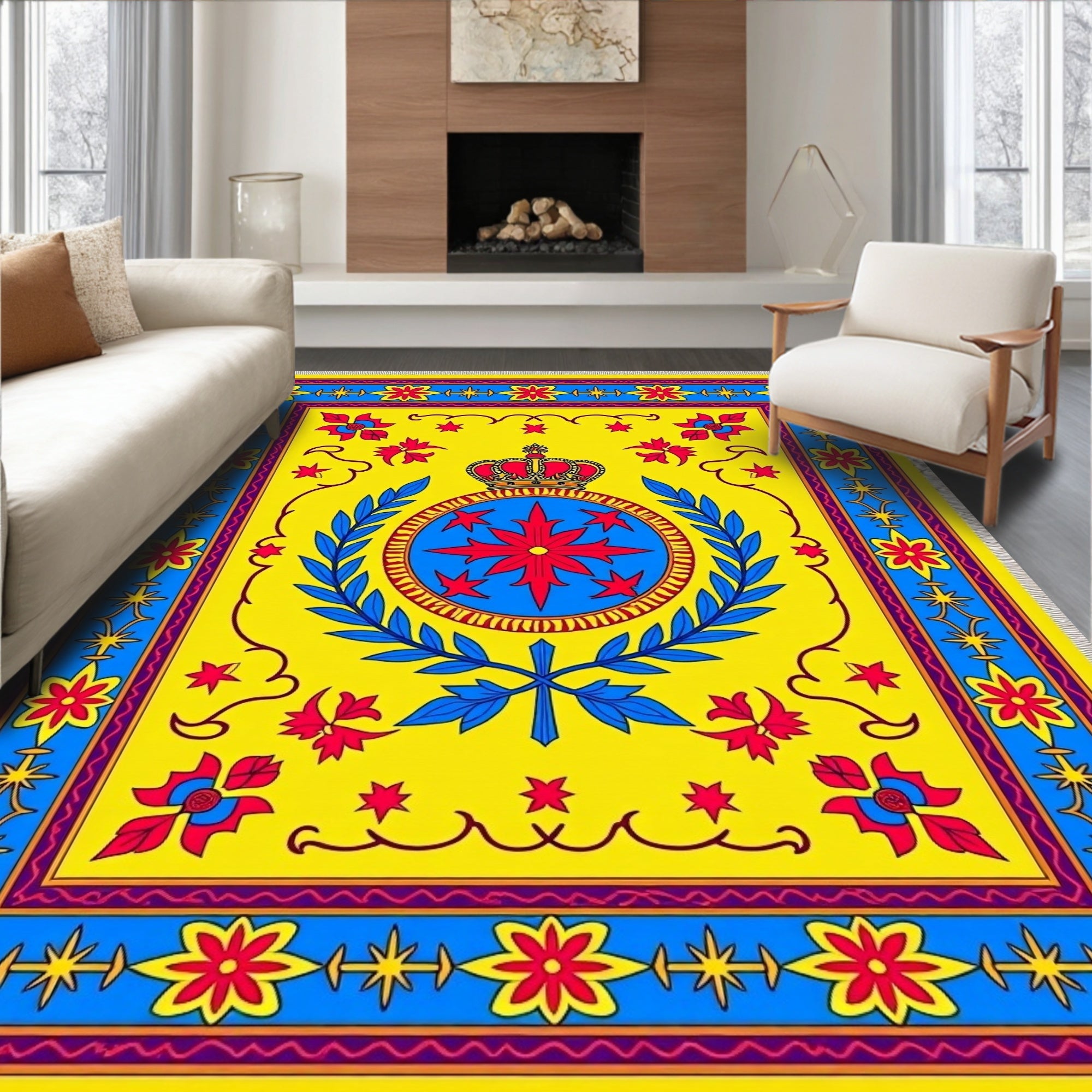 Bold Yellow Red Blue Crown Emblem Rug