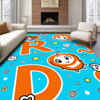 Playful Orange Characters Blue Whimsical Field Rug