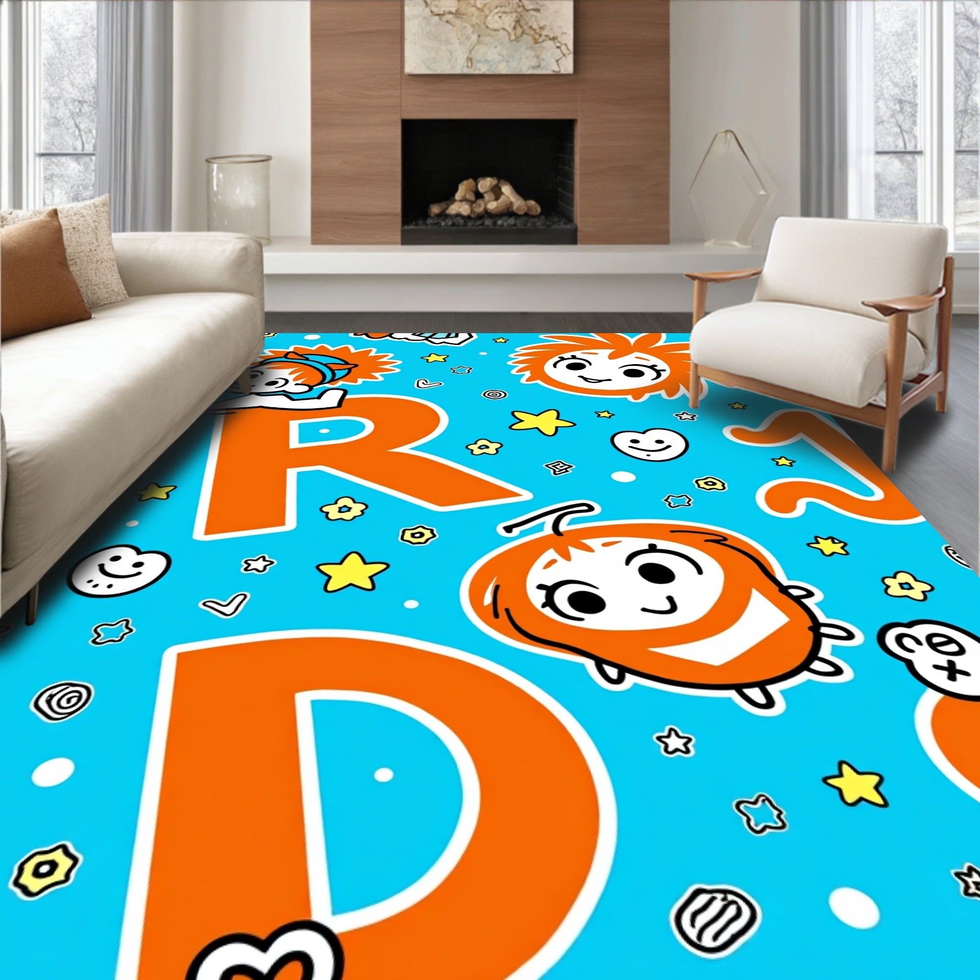 Playful Orange Characters Blue Whimsical Field Rug