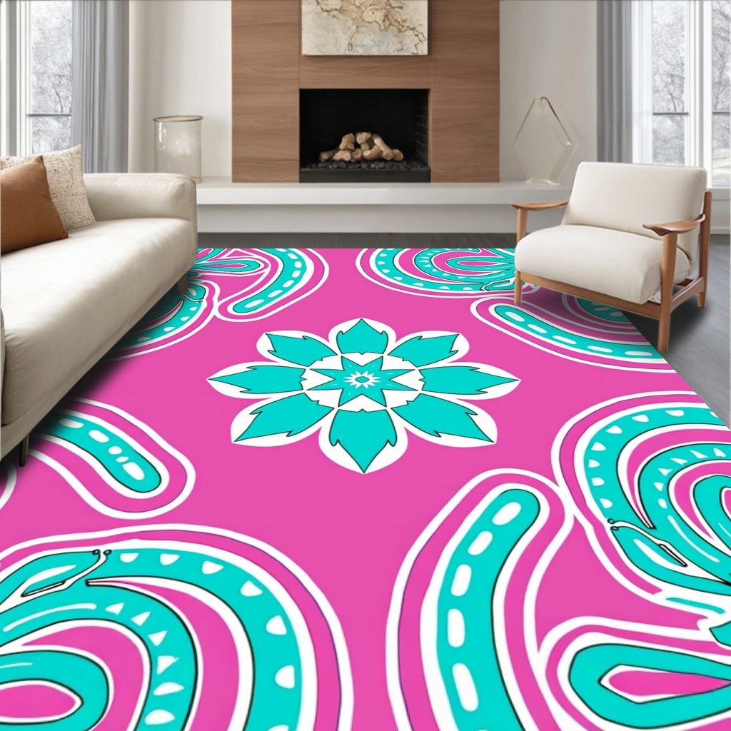 Vibrant Teal Floral Medallion Pink Rug