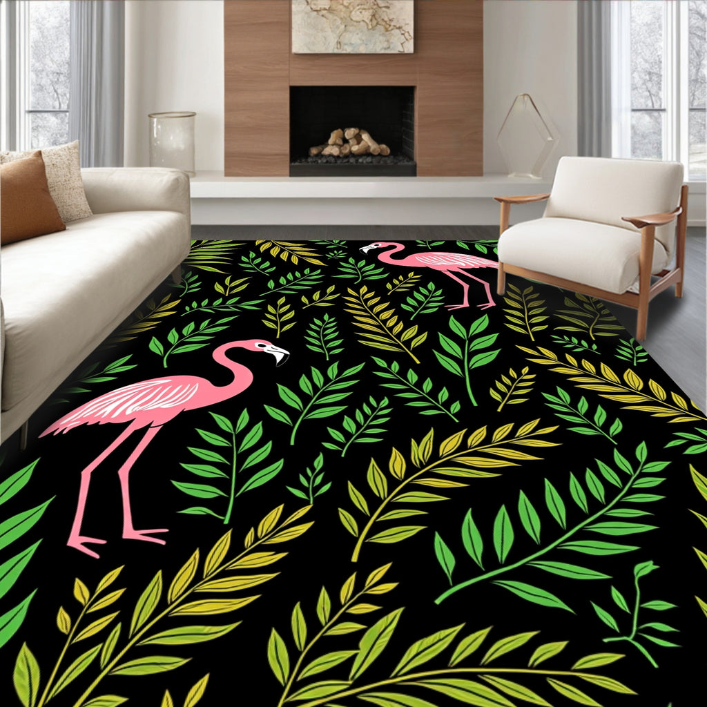Pink Flamingos Lush Tropical Foliage Rug