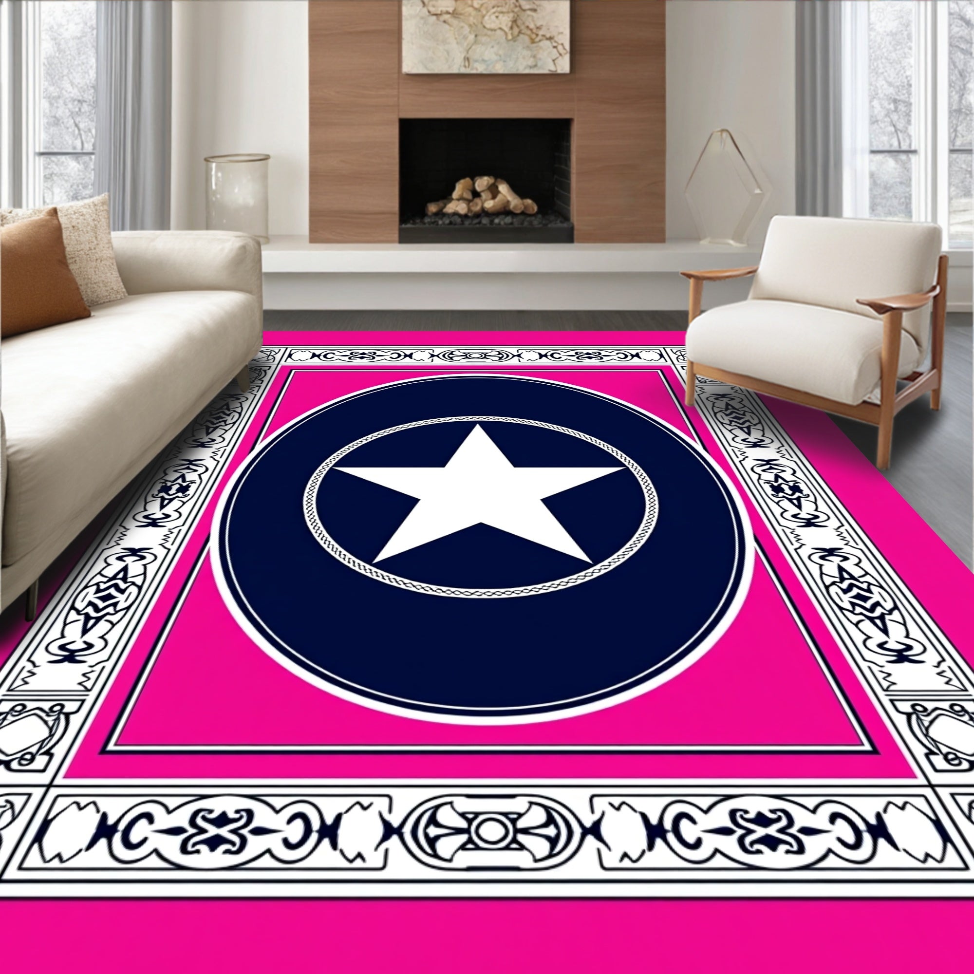 Pink Blue White Star Circle Frame Rug