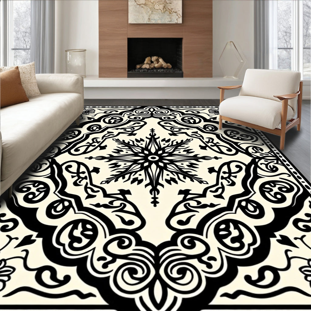 Ivory Black Arabesque Scrollwork Collection Rug