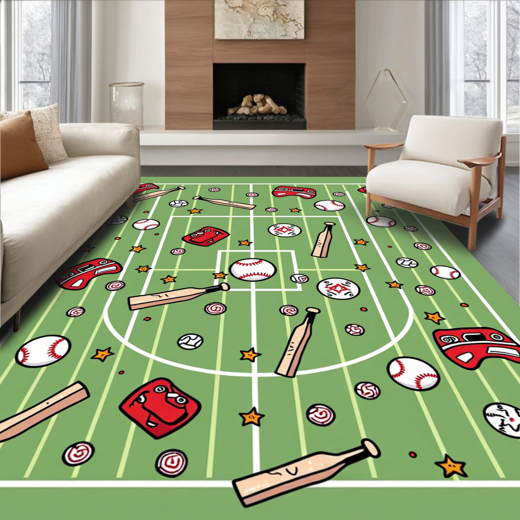 Green Baseball Field Playful Sports Collage Rug