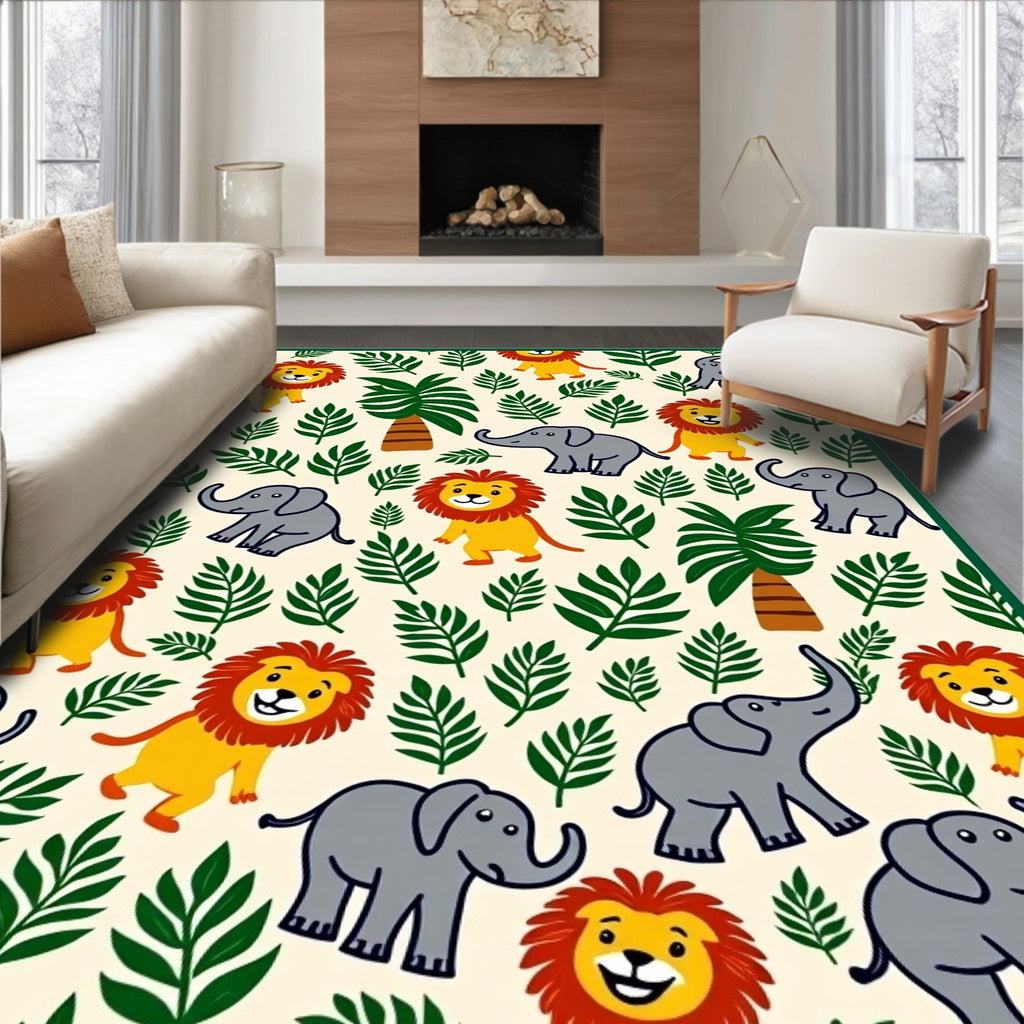 Playful Lion Elephant Jungle Leaves Rug