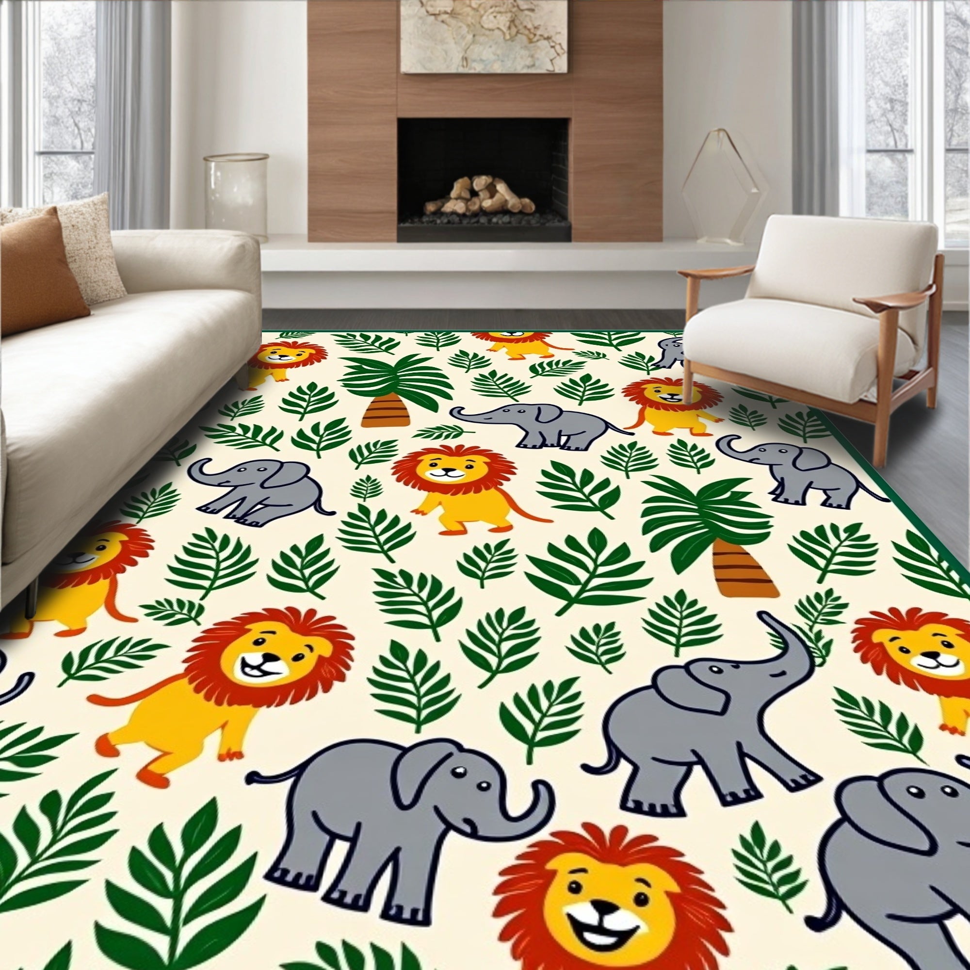 Playful Lion Elephant Jungle Leaves Rug